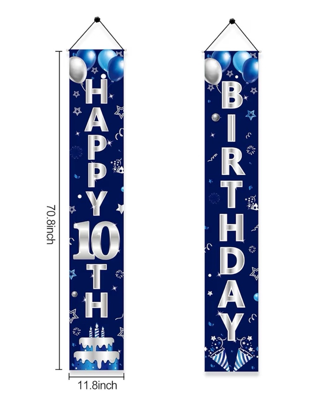 Blue & Silver 'Happy 10th Birthday' Vertical Banner - With Party Decorations